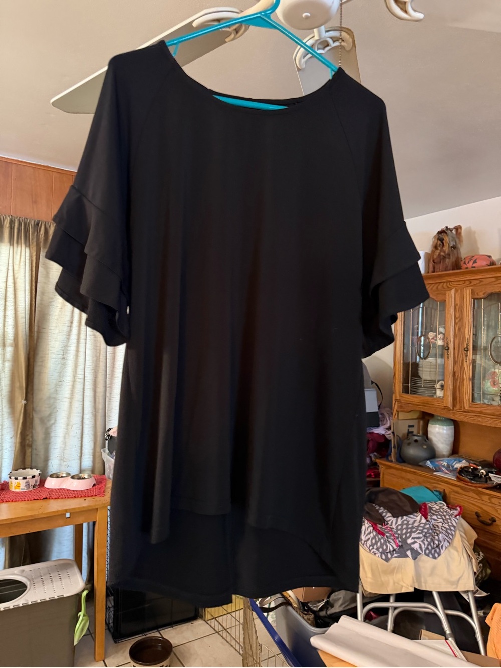 Black Layered Ruffle Sleeve Solid Back Slit Tunic Top